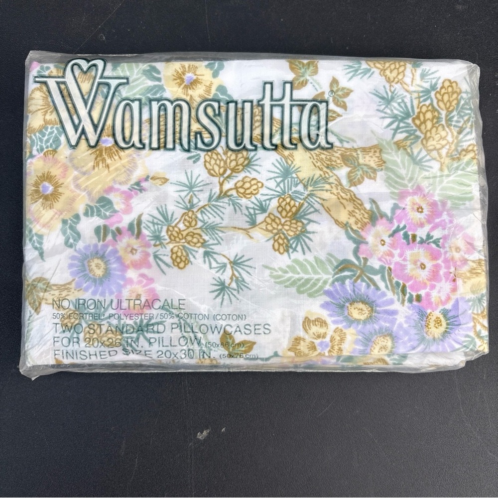 Vintage Wamsutta Two Standard Pillowcases Floral Tree Pinecone White Tan Pink